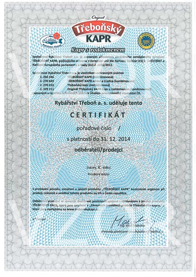 Certifikovaný prodejce rybářství Třeboň
